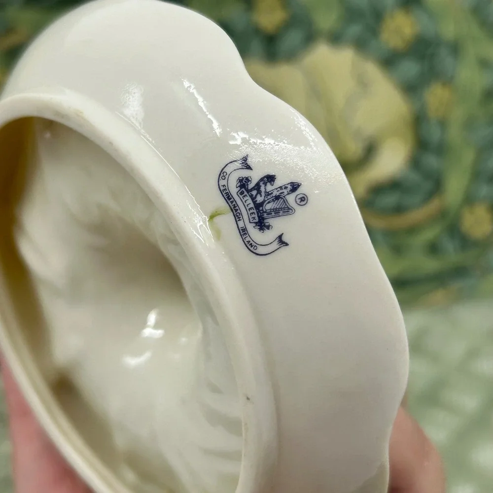 Belleek Ireland Porcelain Clover Ring Dish Green Creme Fine Porcelain Gift